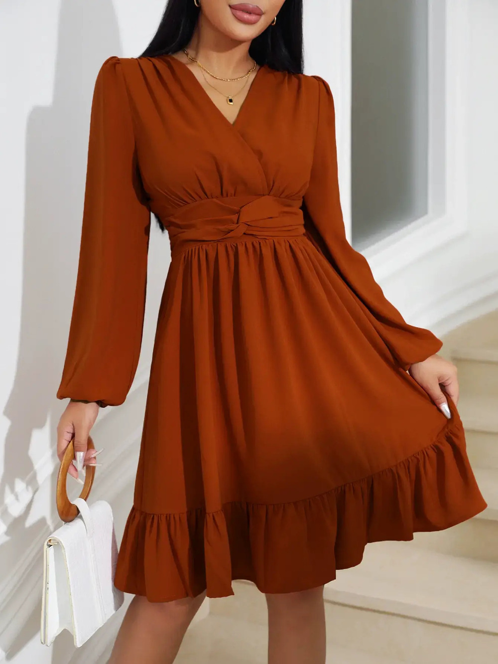Zara Solid Color Collar Long Sleeve Ruffled Dress